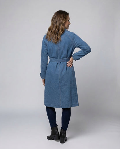 Trench lungo Donna in Jeans con Cintura in Vita