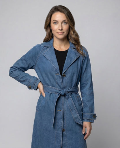 Trench lungo Donna in Jeans con Cintura in Vita