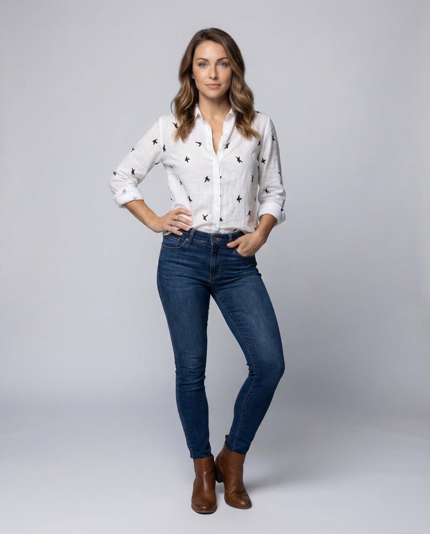 Camicia Donna in Misto Lino Ricamo Uccelli Slim Fit - Brentozzi