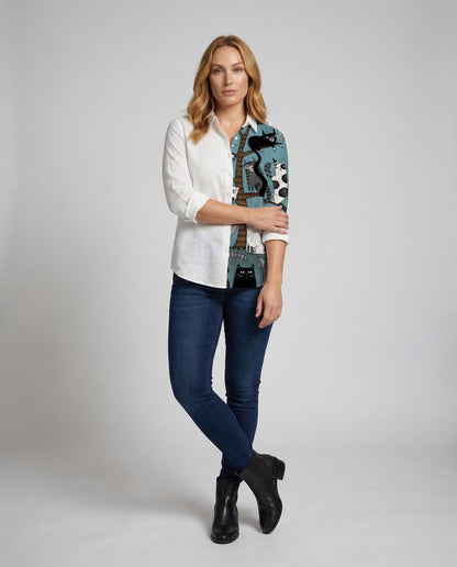 Camicia Donna Lino Stampa Gatti Taglio Classico - Brentozzi