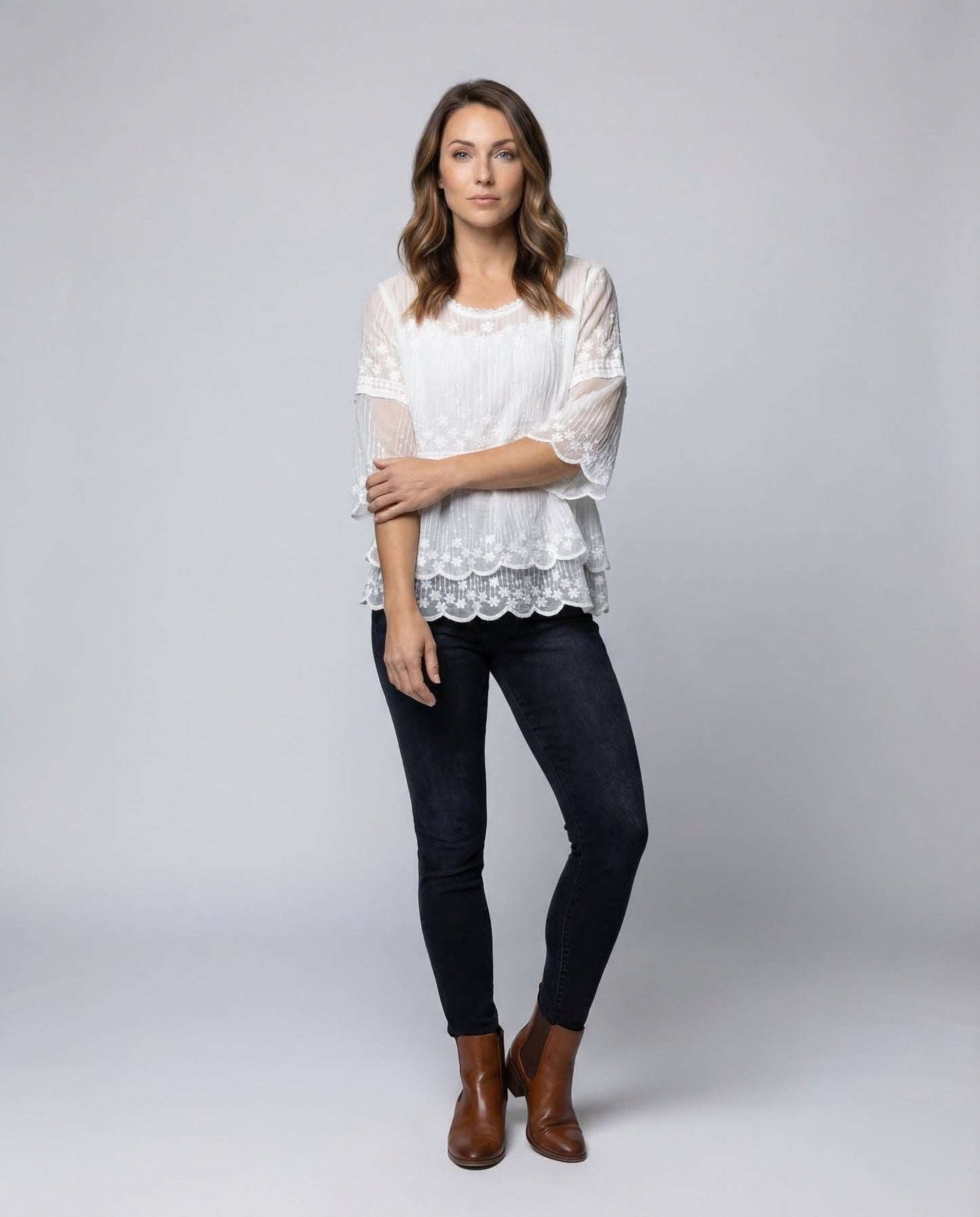 Blusa Donna in Pizzo Effetto Stropicciato Bordo Ricamato - Brentozzi