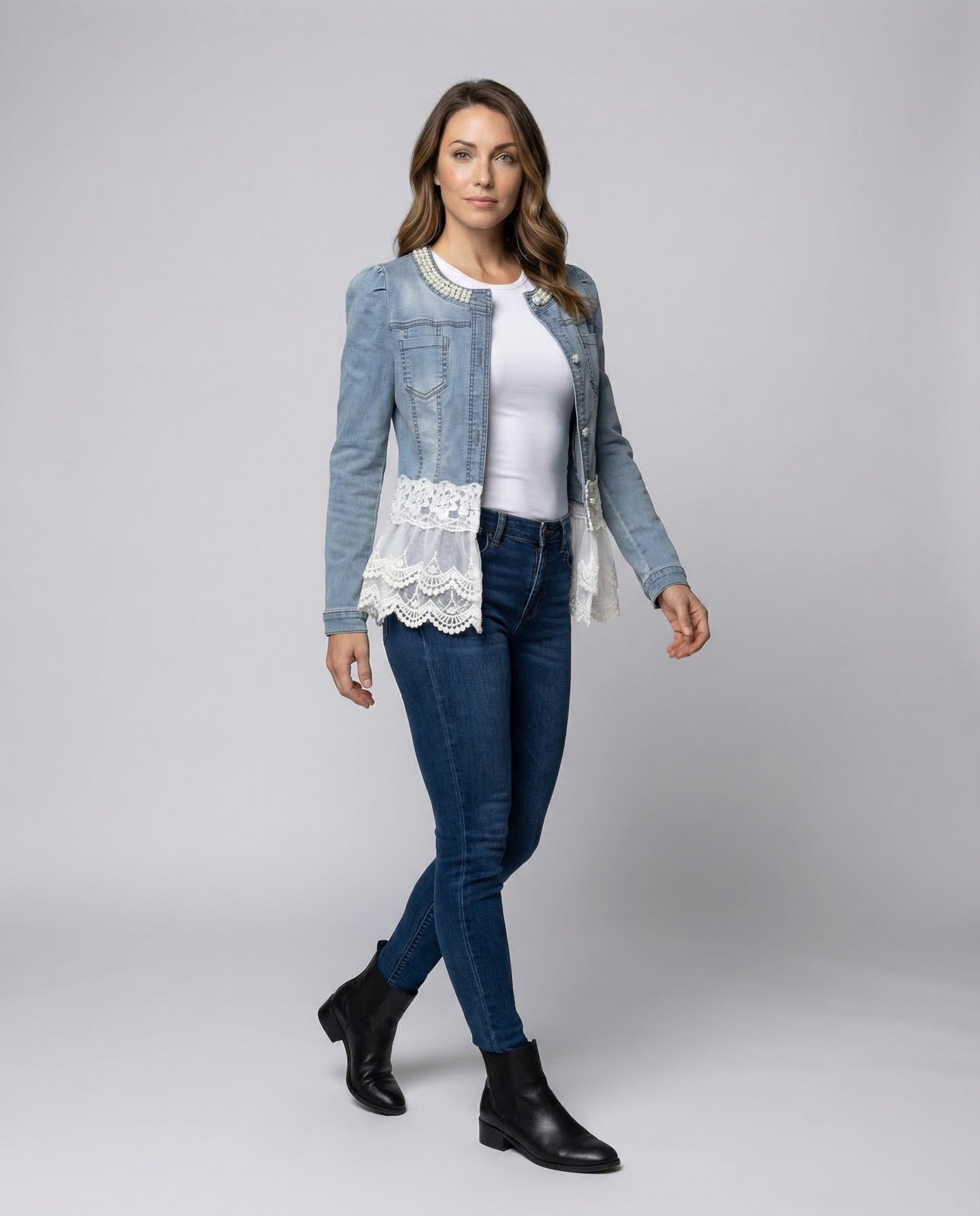Giacca Denim Donna con Pizzo Stile Romantico - Brentozzi