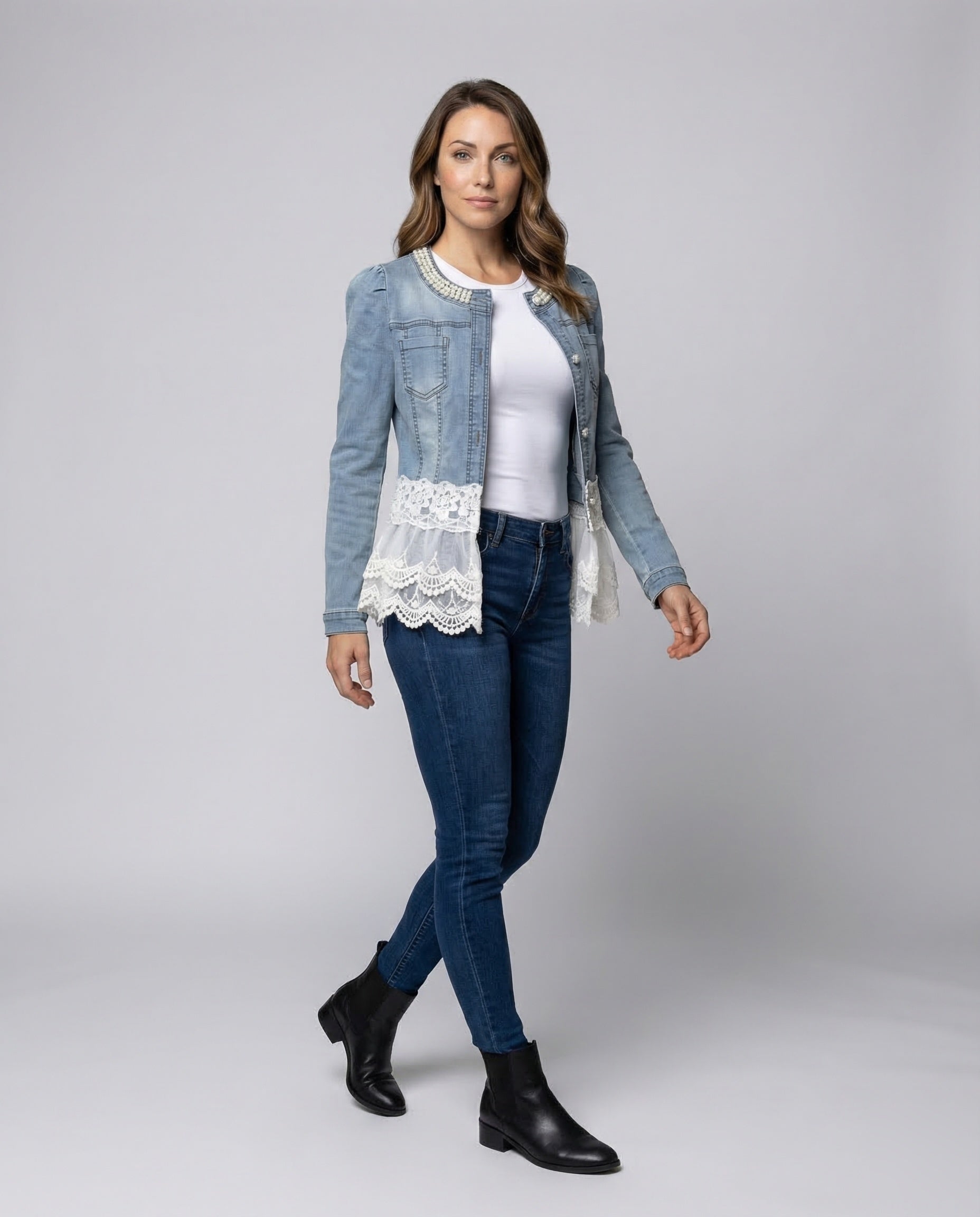 Giacca Denim Donna con Pizzo Stile Romantico - Brentozzi