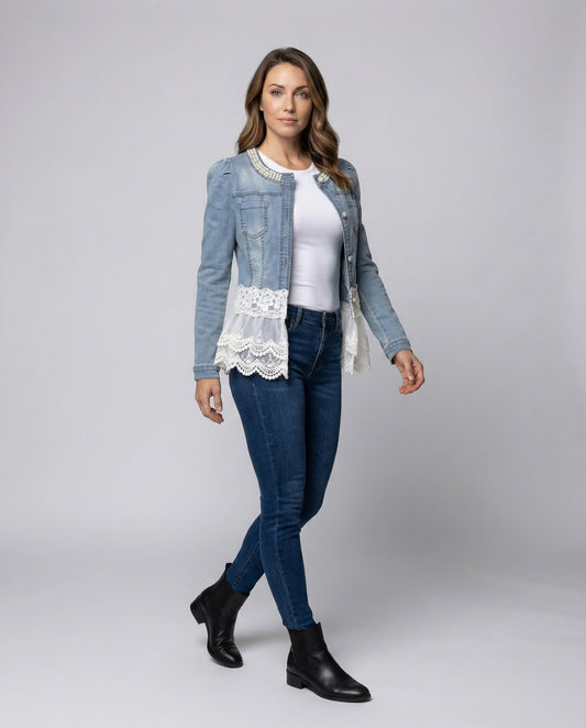 Giacca Denim Donna con Pizzo Stile Romantico - Brentozzi