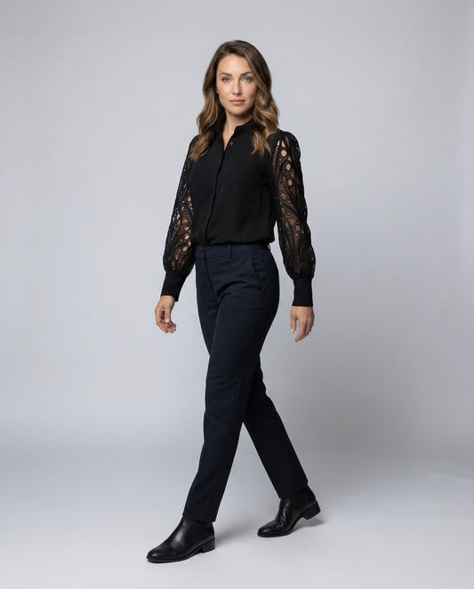 Camicia Donna in Satin Manica a Sbuffo con Pizzo Grafico - Brentozzi