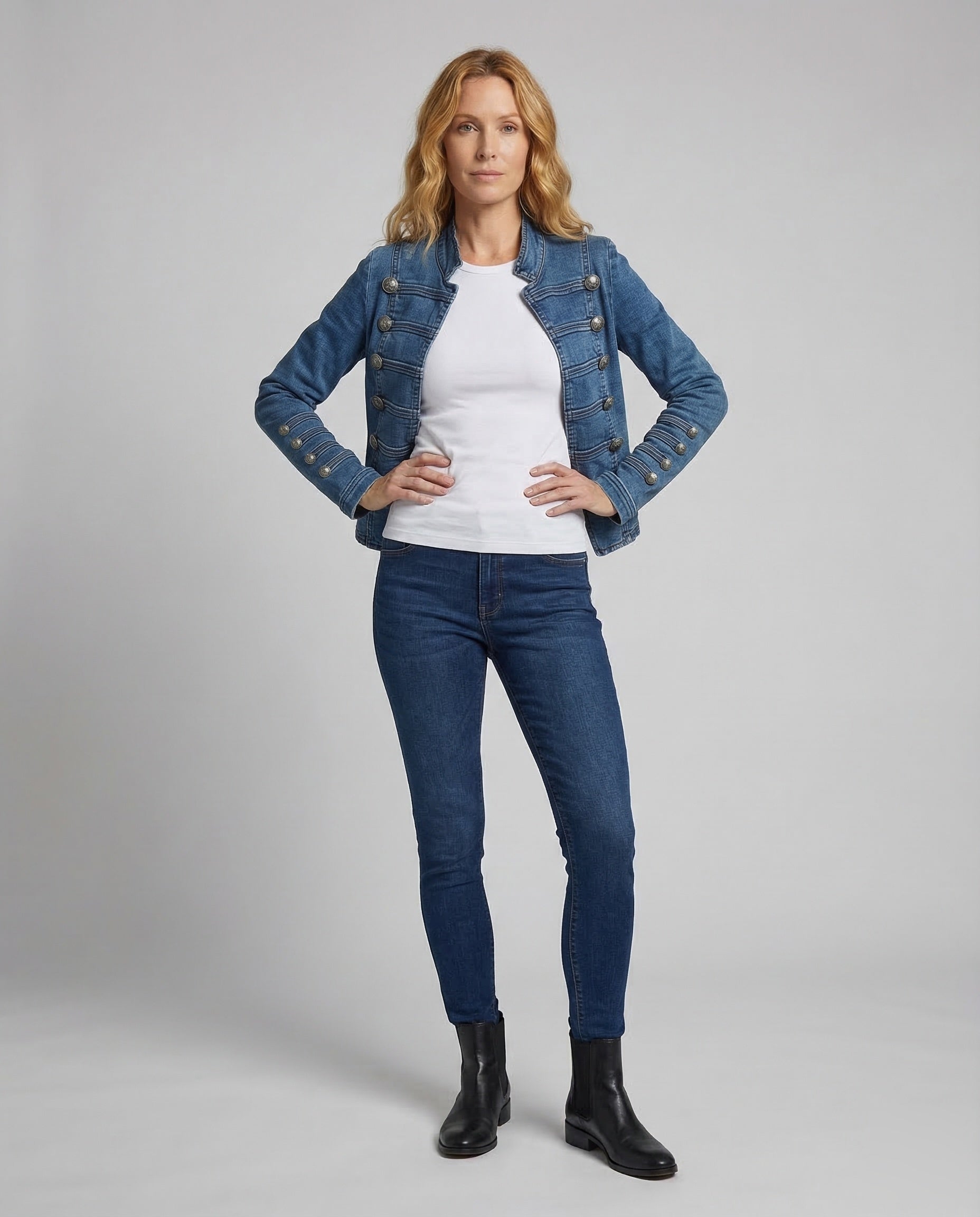 Giacca Jeans Donna Stile Militare Bottoni Decorativi - Brentozzi