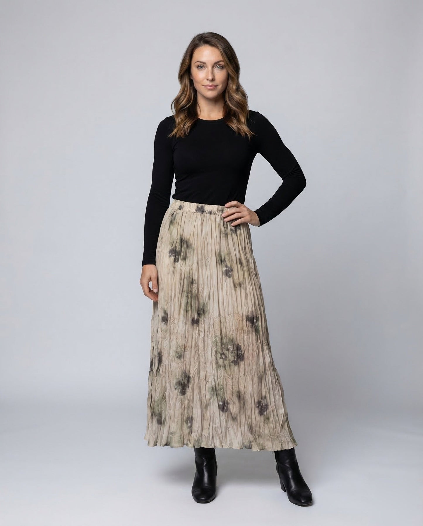 Gonna Lunga Donna in Tessuto Crinkle Stampa Acquerello - Brentozzi
