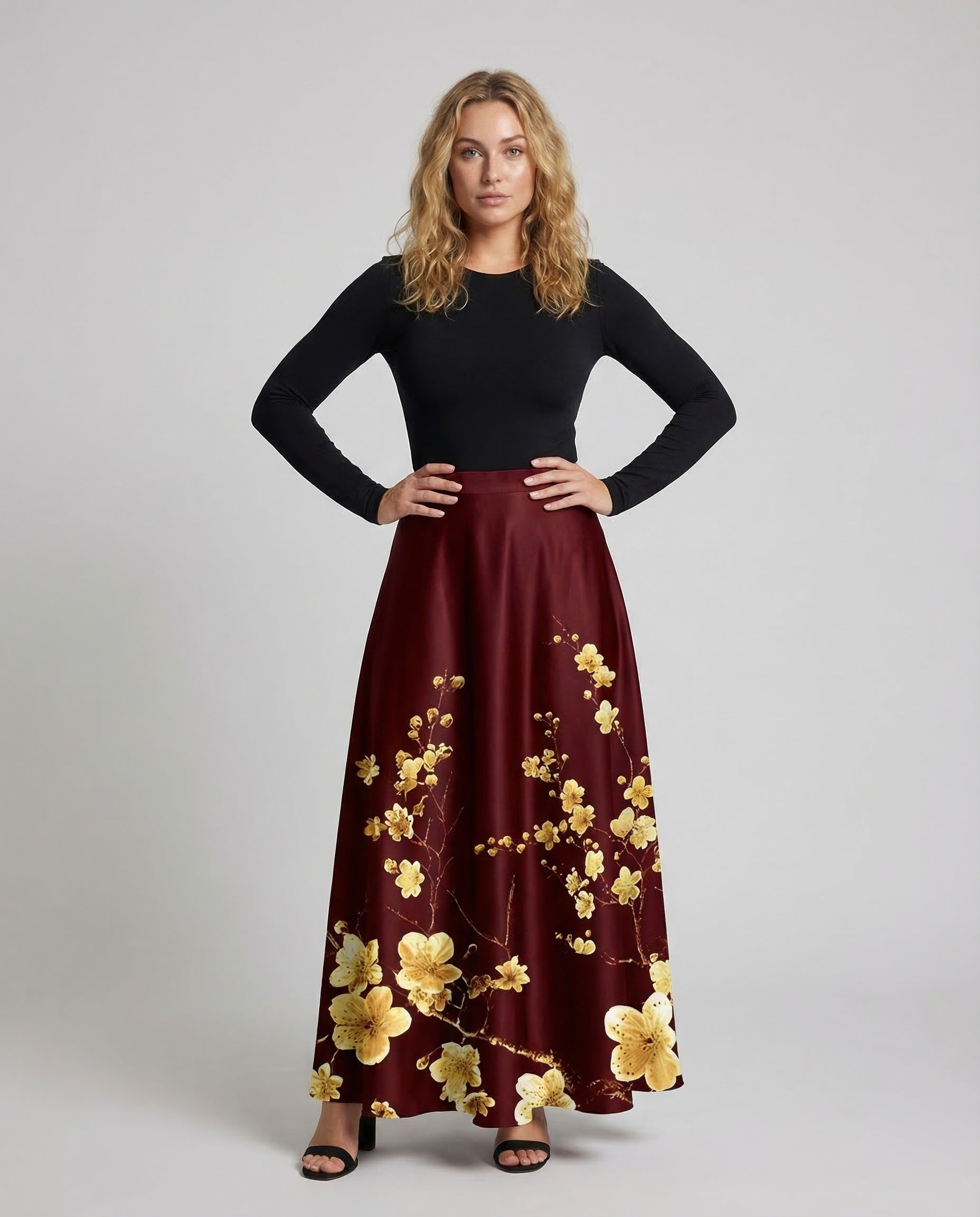 Gonna Midi Donna in Satin Fantasia Floreale Linea A - Brentozzi