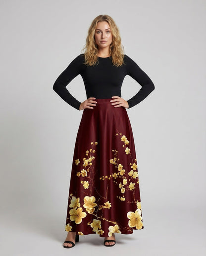 Gonna Midi Donna in Satin Fantasia Floreale Linea A - Brentozzi