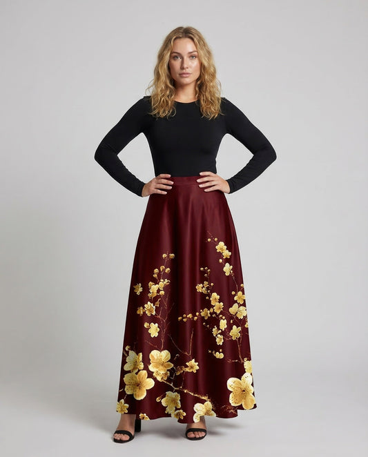 Gonna Midi Donna in Satin Fantasia Floreale Linea A - Brentozzi