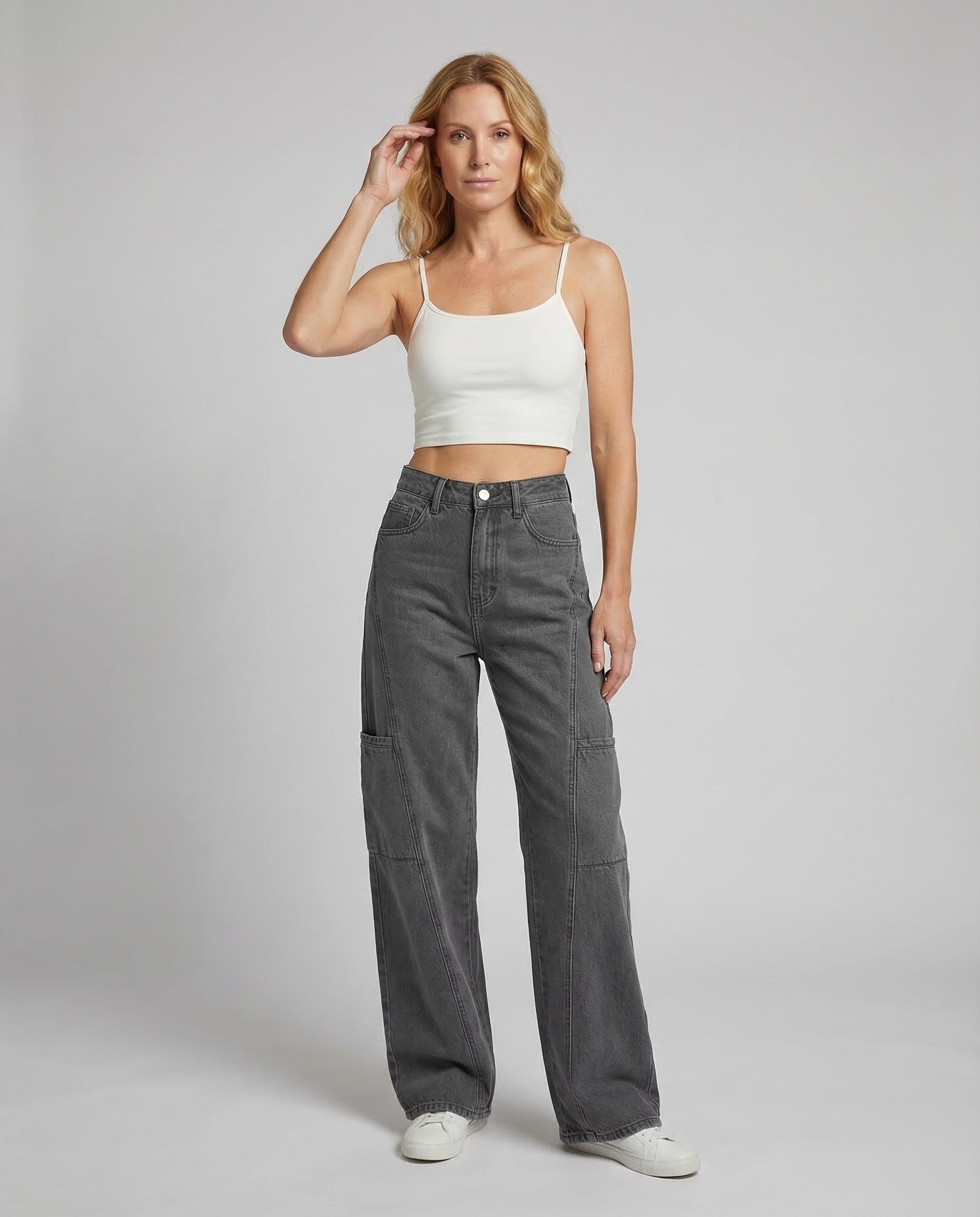 Pantaloni Jeans Donna Tasche Cargo Vestibilità Ampia - Brentozzi