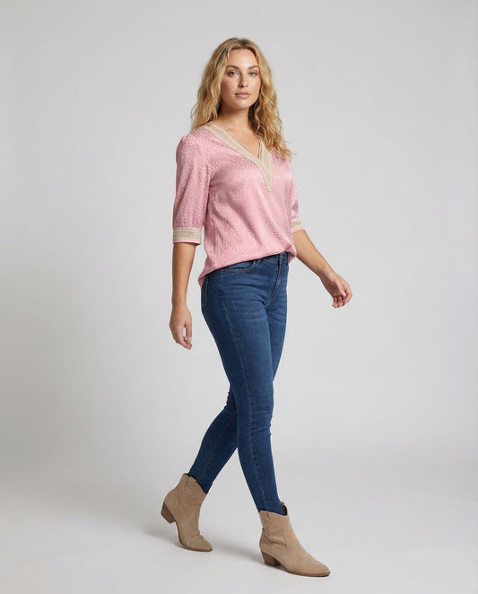 Blusa Donna in Satin con Scollo a V e Pizzo - Brentozzi