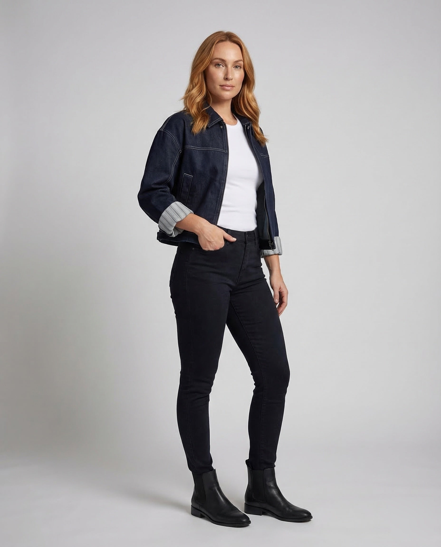 Giacca Denim Donna Taglio Largo Cuciture a Contrasto - Brentozzi