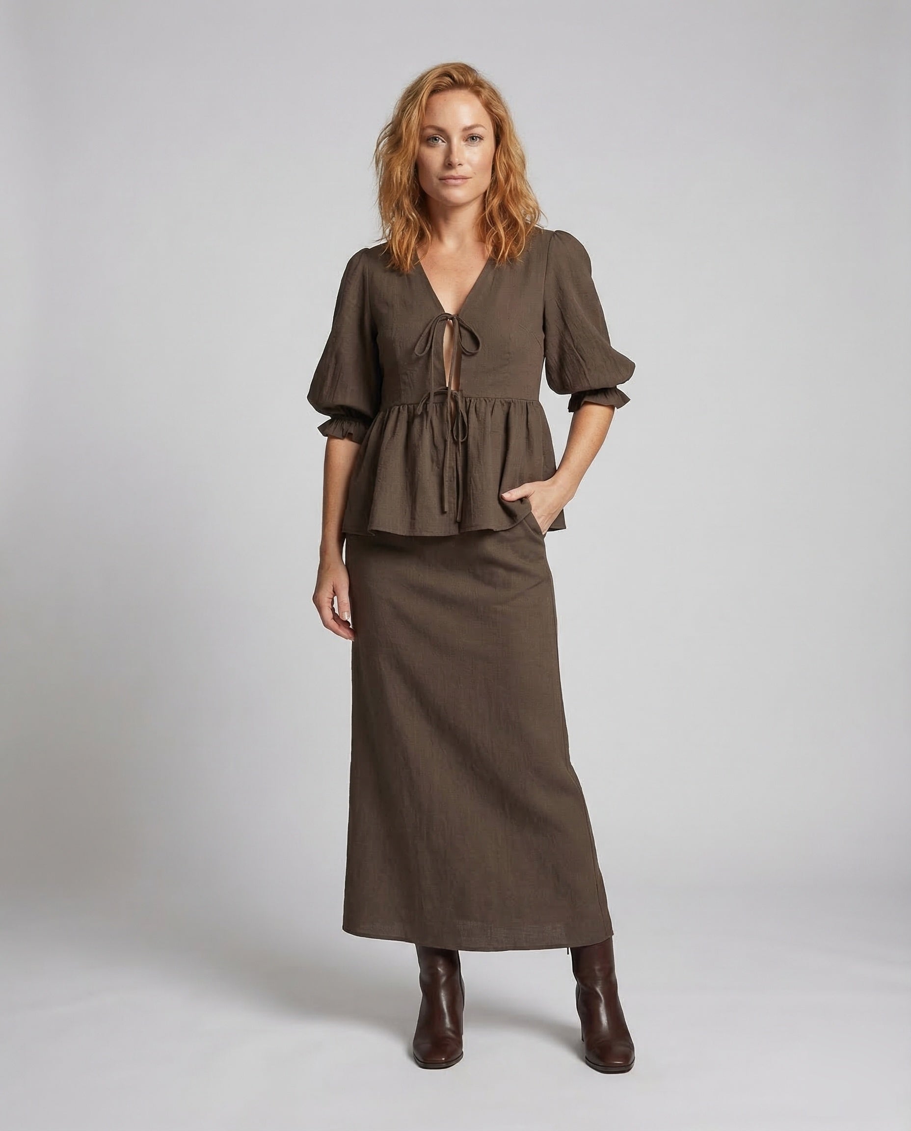 Completo Donna Blusa Peplum e Gonna Lunga Svasata Slim - Brentozzi