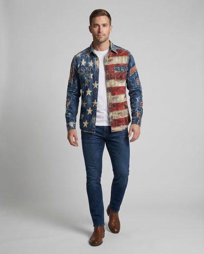 Camicia Jeans Uomo Slim Fit Motivo Bandiera - Brentozzi