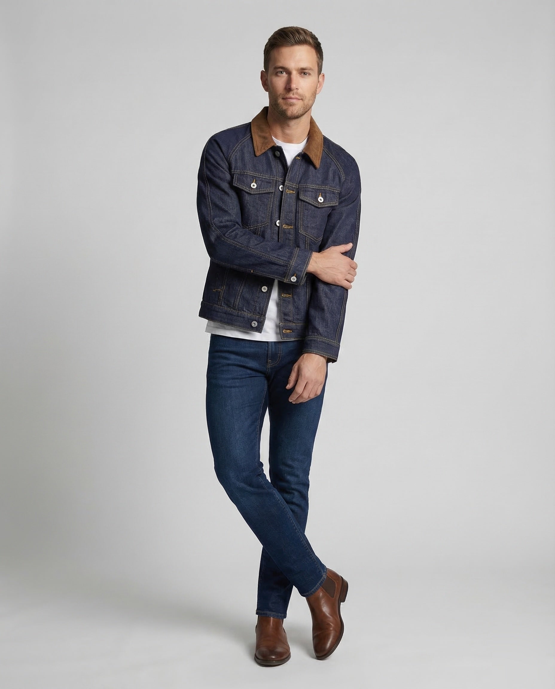 Giacca Jeans Uomo Colletto in Velluto a Coste Foderata Quadri - Brentozzi