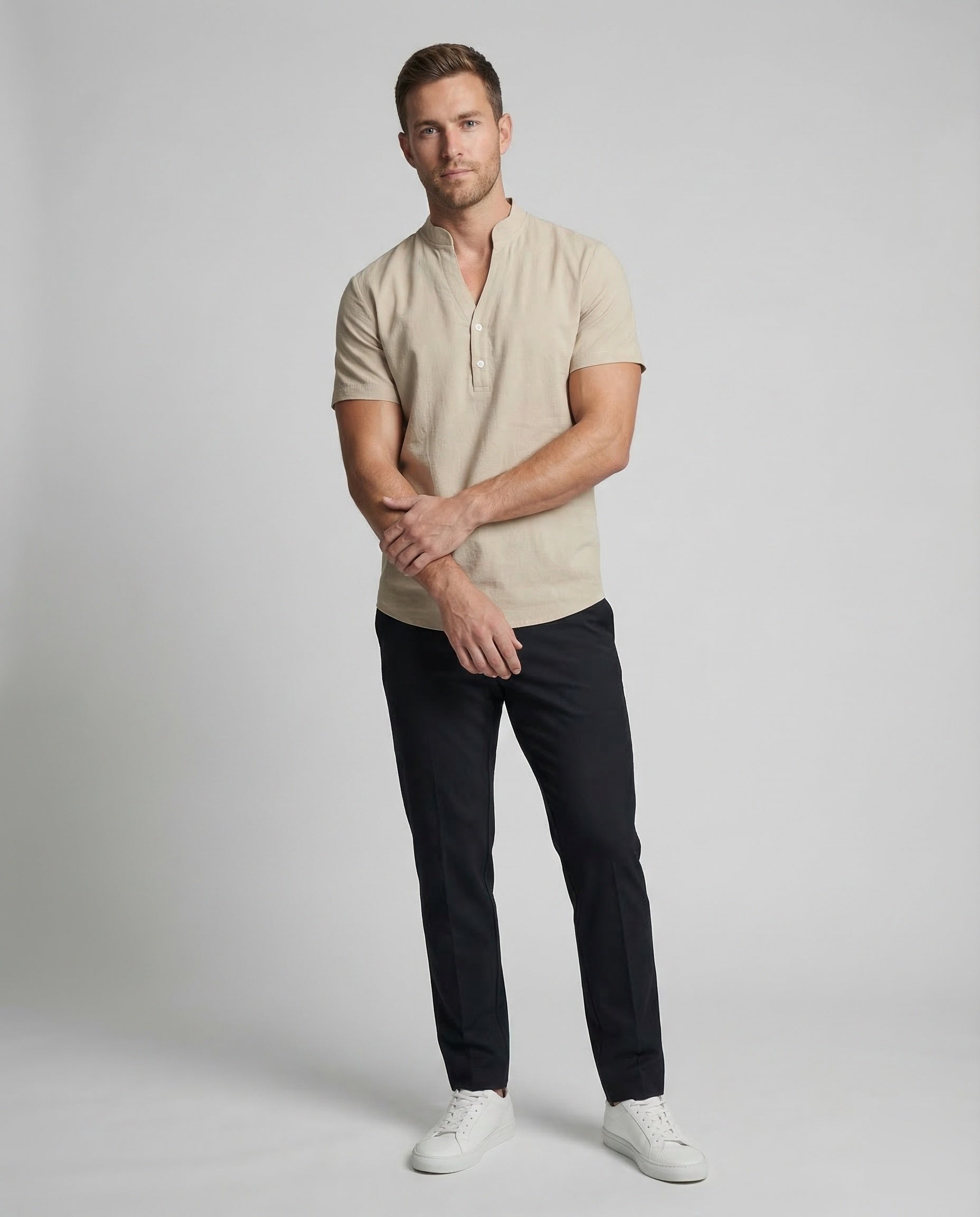 Maglia Henley Uomo in Misto Lino Manica Corta - Brentozzi