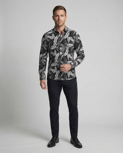 Camicia Uomo Manica Lunga Stampa Foglie Tropicali Slim Fit - Brentozzi