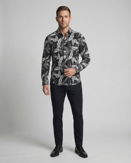 Camicia Uomo Manica Lunga Stampa Foglie Tropicali Slim Fit - Brentozzi