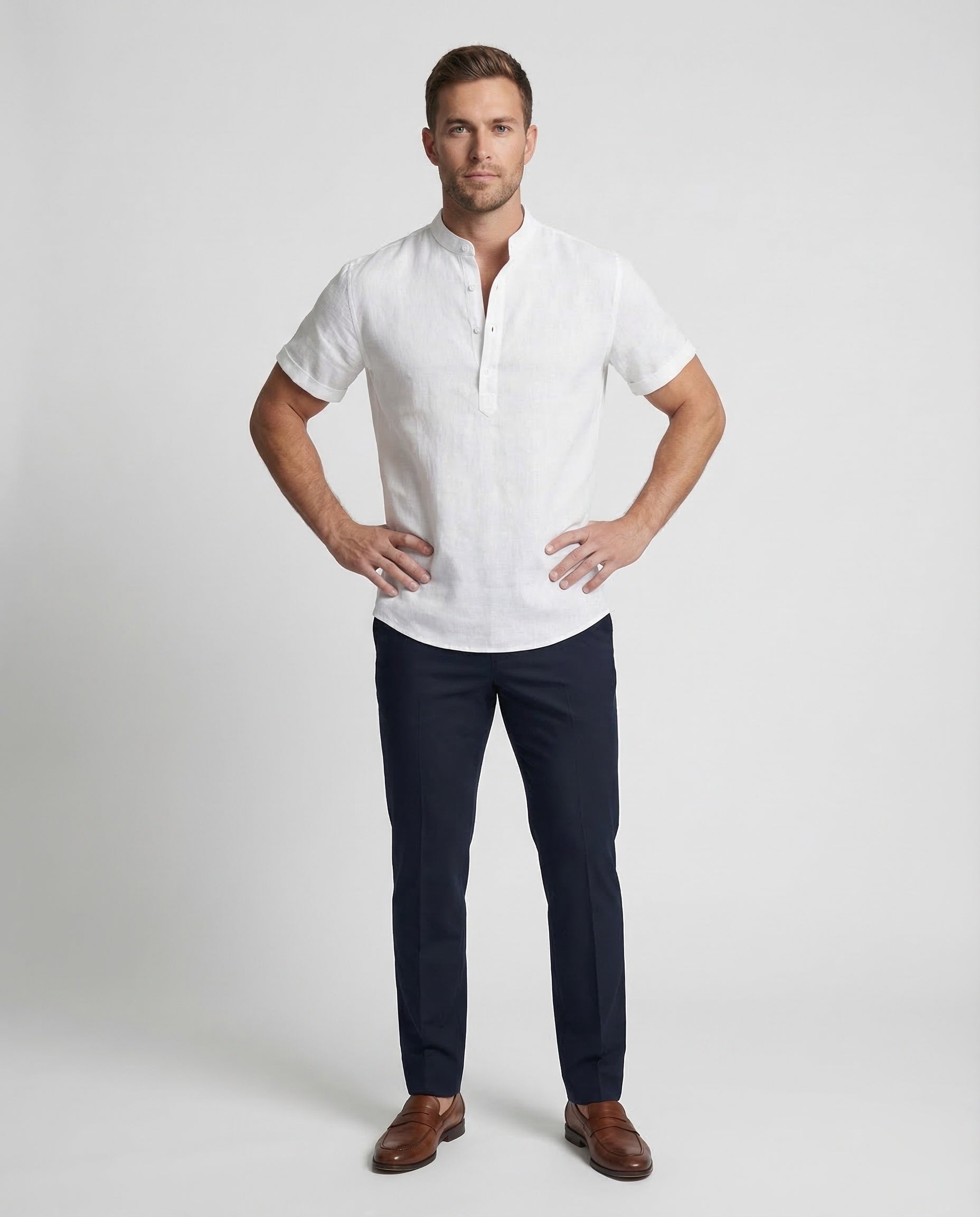 Camicia Uomo Manica Corta Collo Coreano Tessuto Effetto Lino - Brentozzi