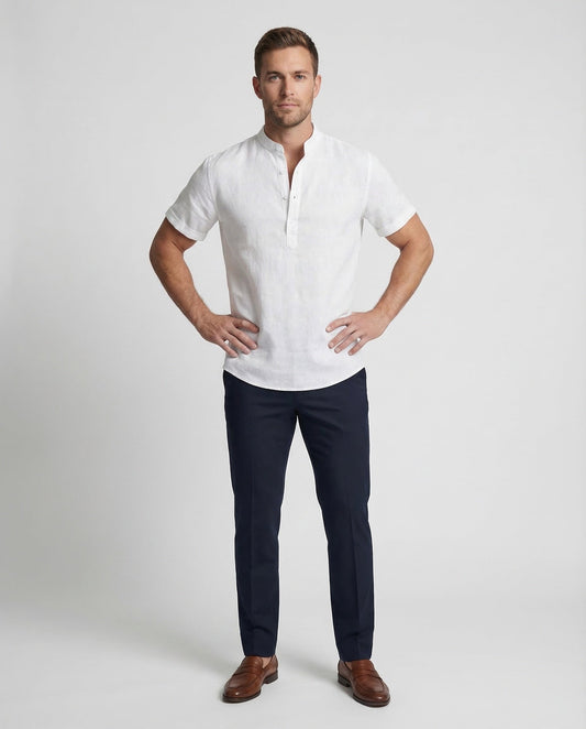 Camicia Uomo Manica Corta Collo Coreano Tessuto Effetto Lino - Brentozzi