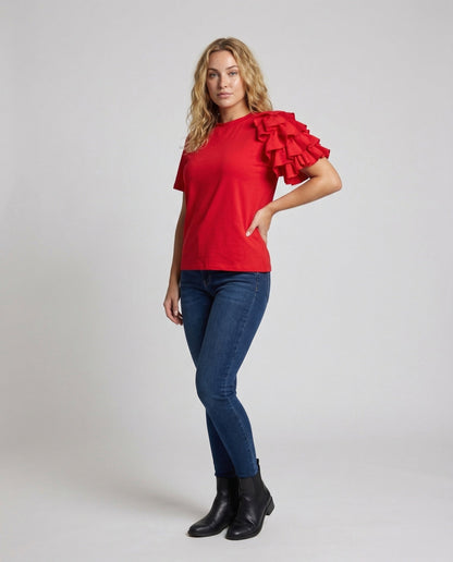 T-shirt Donna Asimmetrica in Jersey con Volant a Balze - Brentozzi