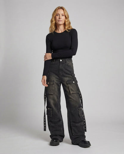 Pantaloni Baggy Donna in Jeans con Cinturini Laterali - Brentozzi
