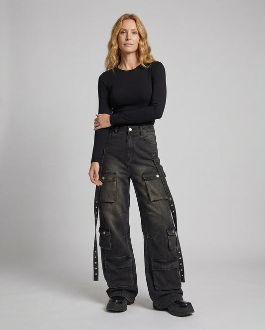 Pantaloni Baggy Donna in Jeans con Cinturini Laterali - Brentozzi