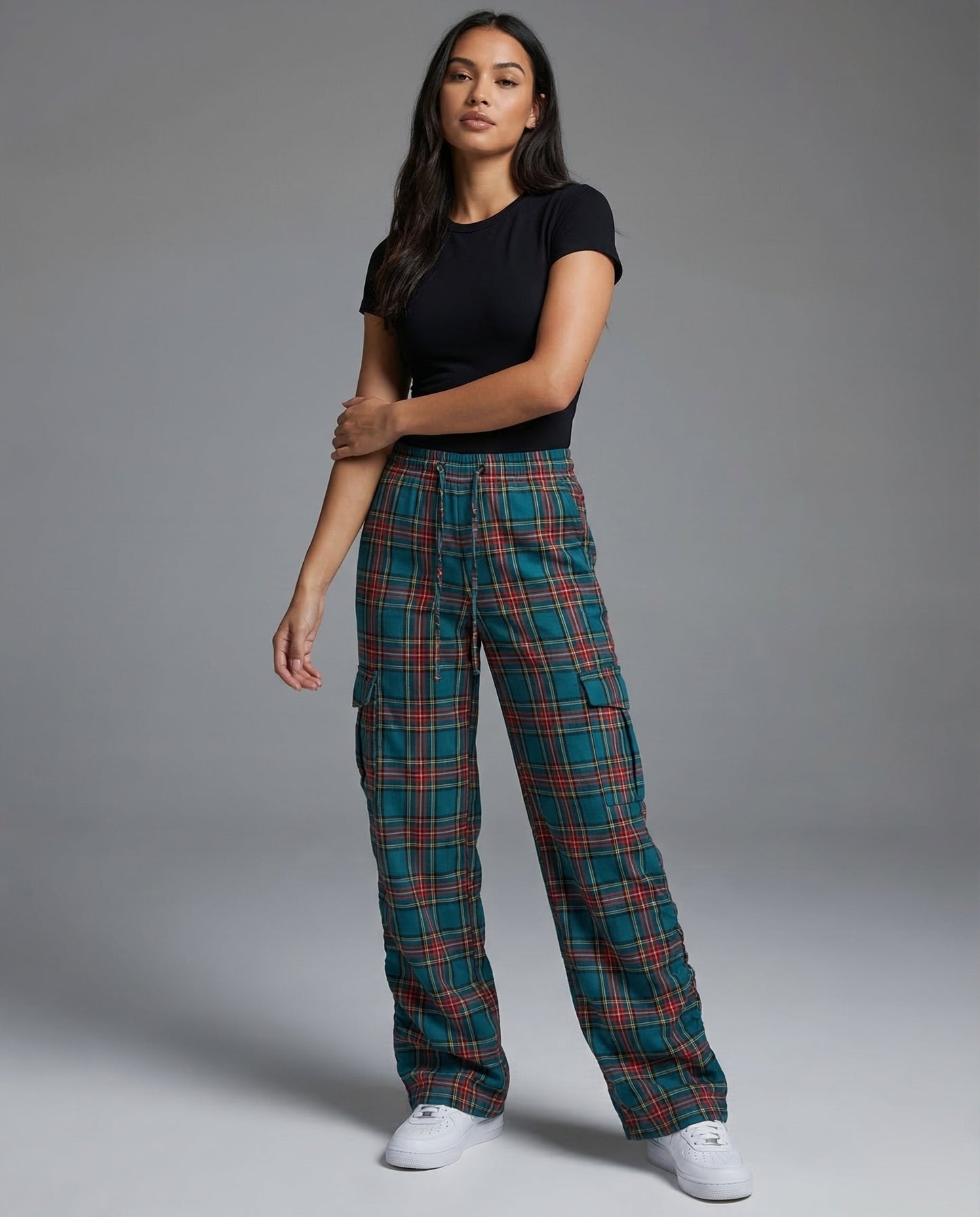 Pantaloni Cargo Donna Fantasia Quadri Effetto Drappeggiato - Brentozzi