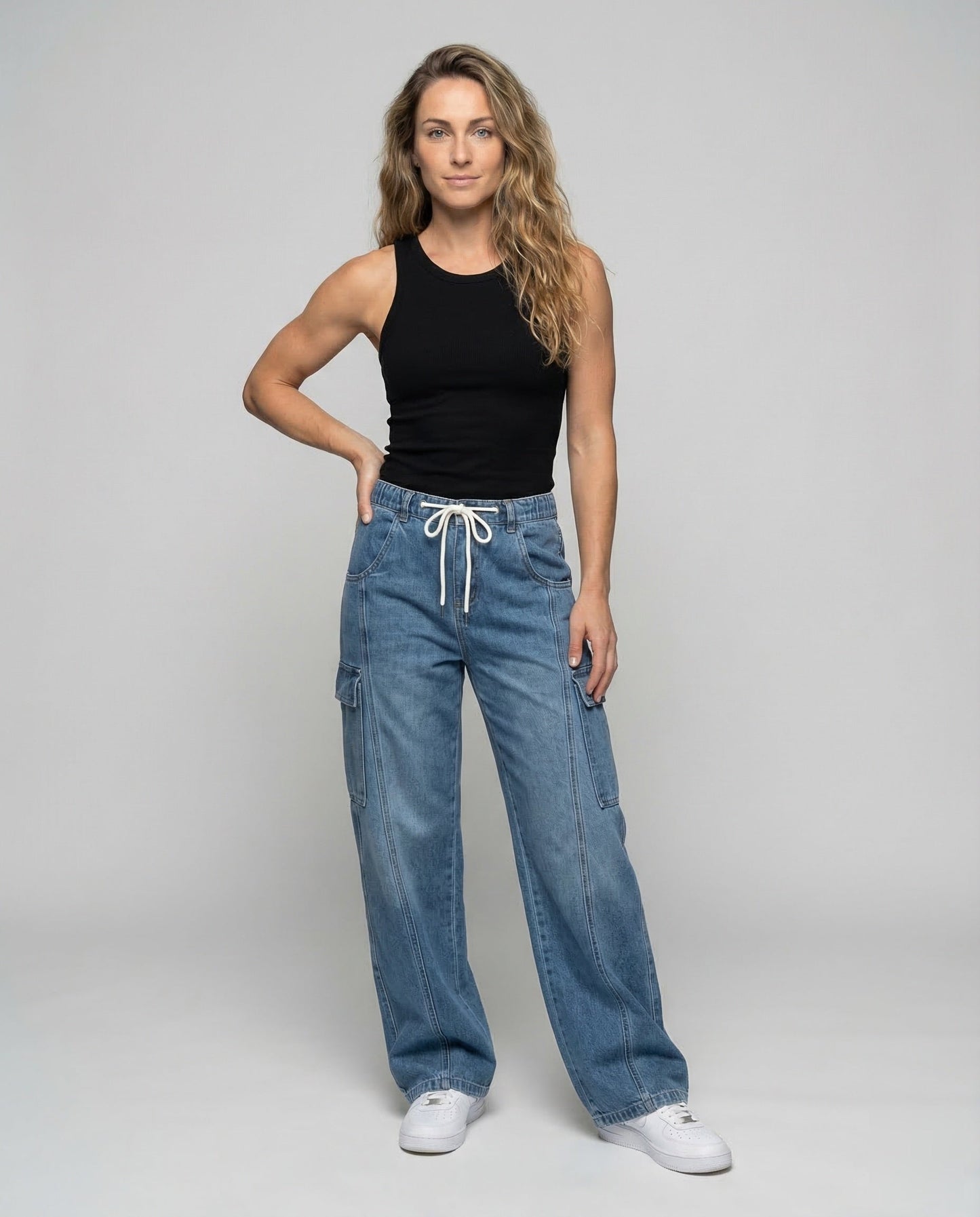 Pantaloni Baggy Donna Jeans Cintura con Coulisse Tasche Cargo - Brentozzi