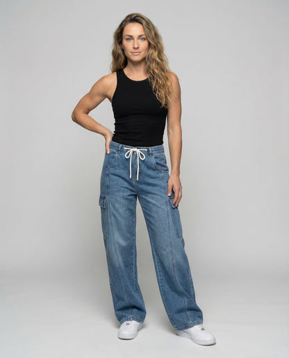 Pantaloni Baggy Donna Jeans Cintura con Coulisse Tasche Cargo - Brentozzi