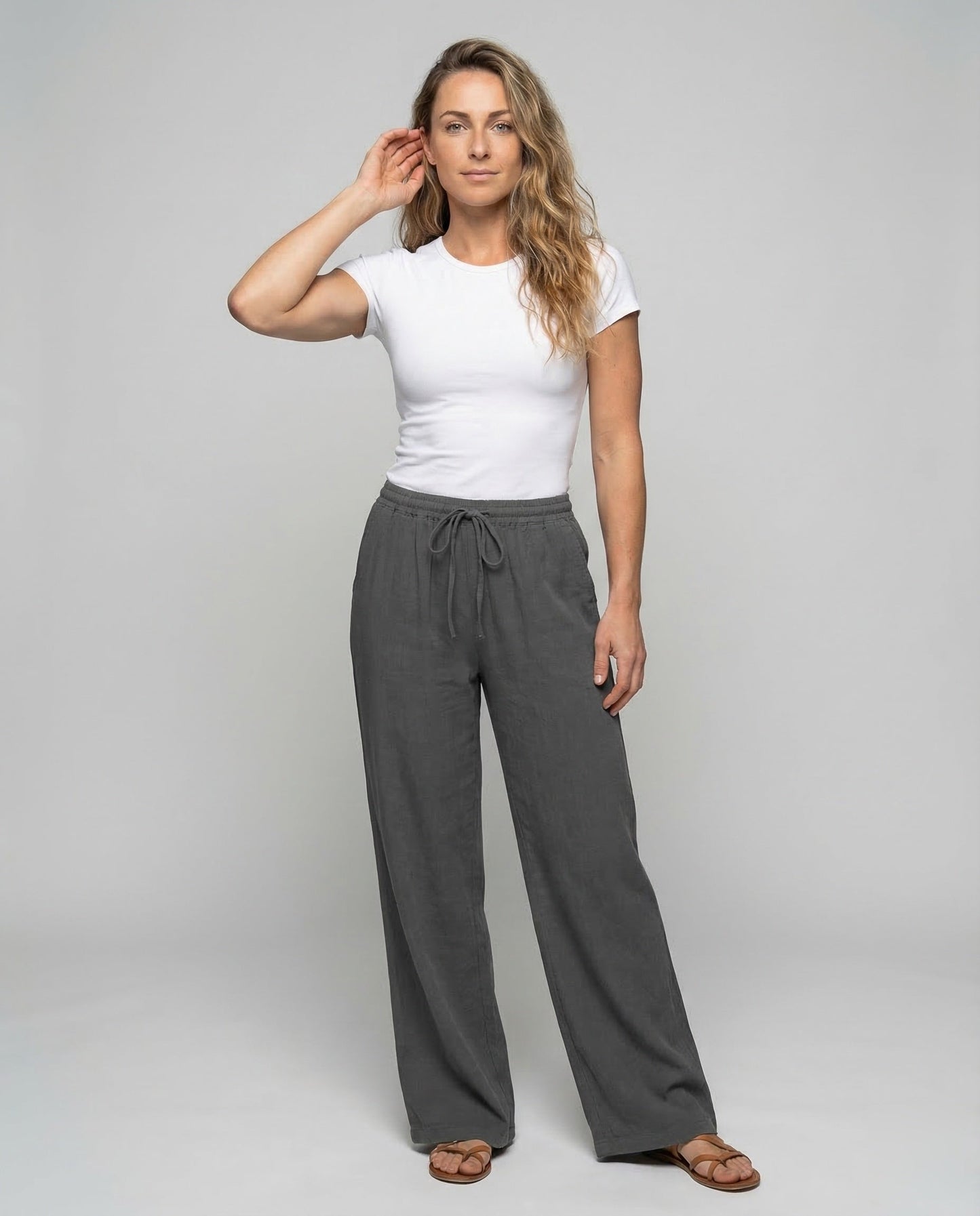 Pantaloni Lino Misto Donna Vita Elasticizzata Taglio Largo - Brentozzi