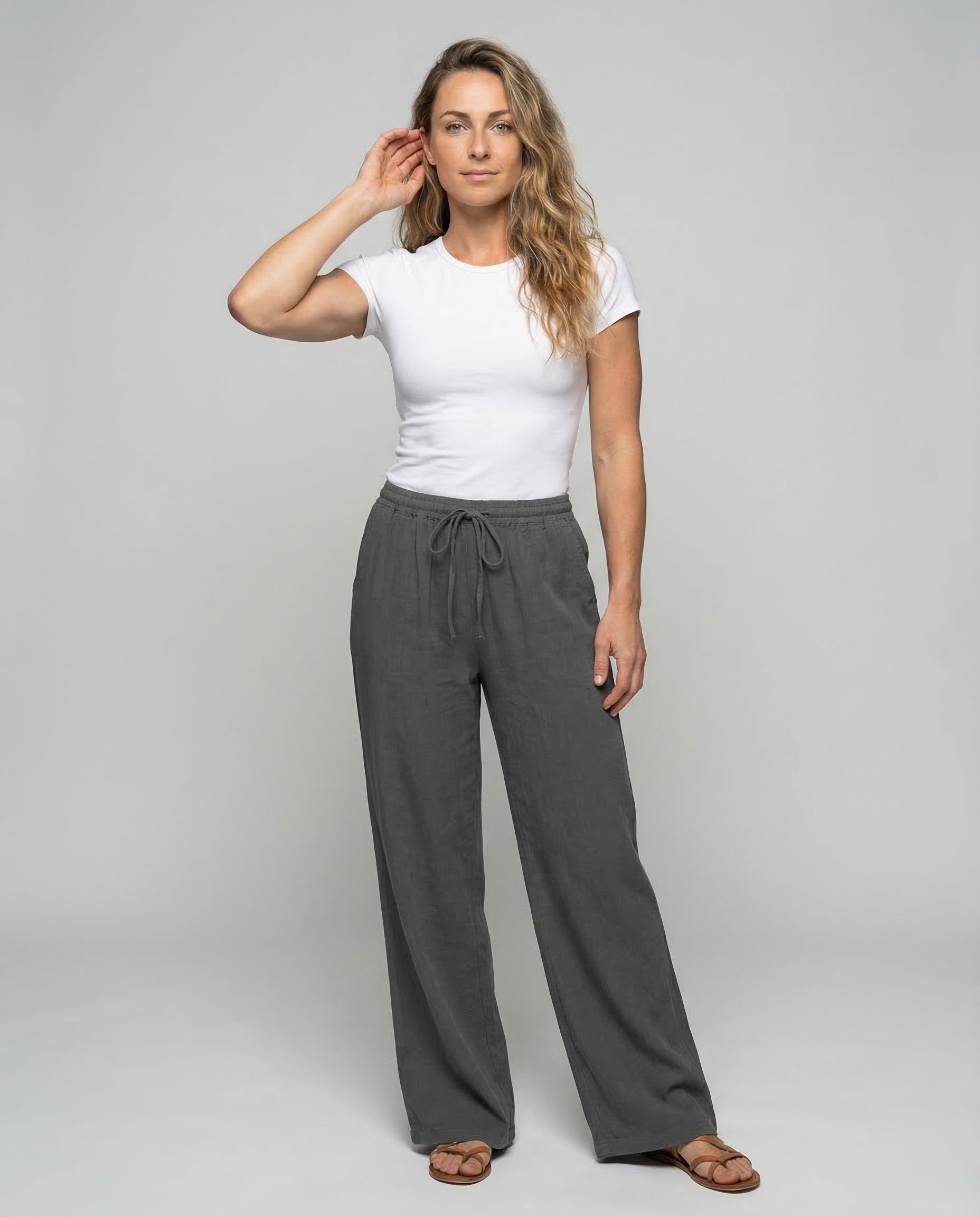 Pantaloni Lino Misto Donna Vita Elasticizzata Taglio Largo - Brentozzi