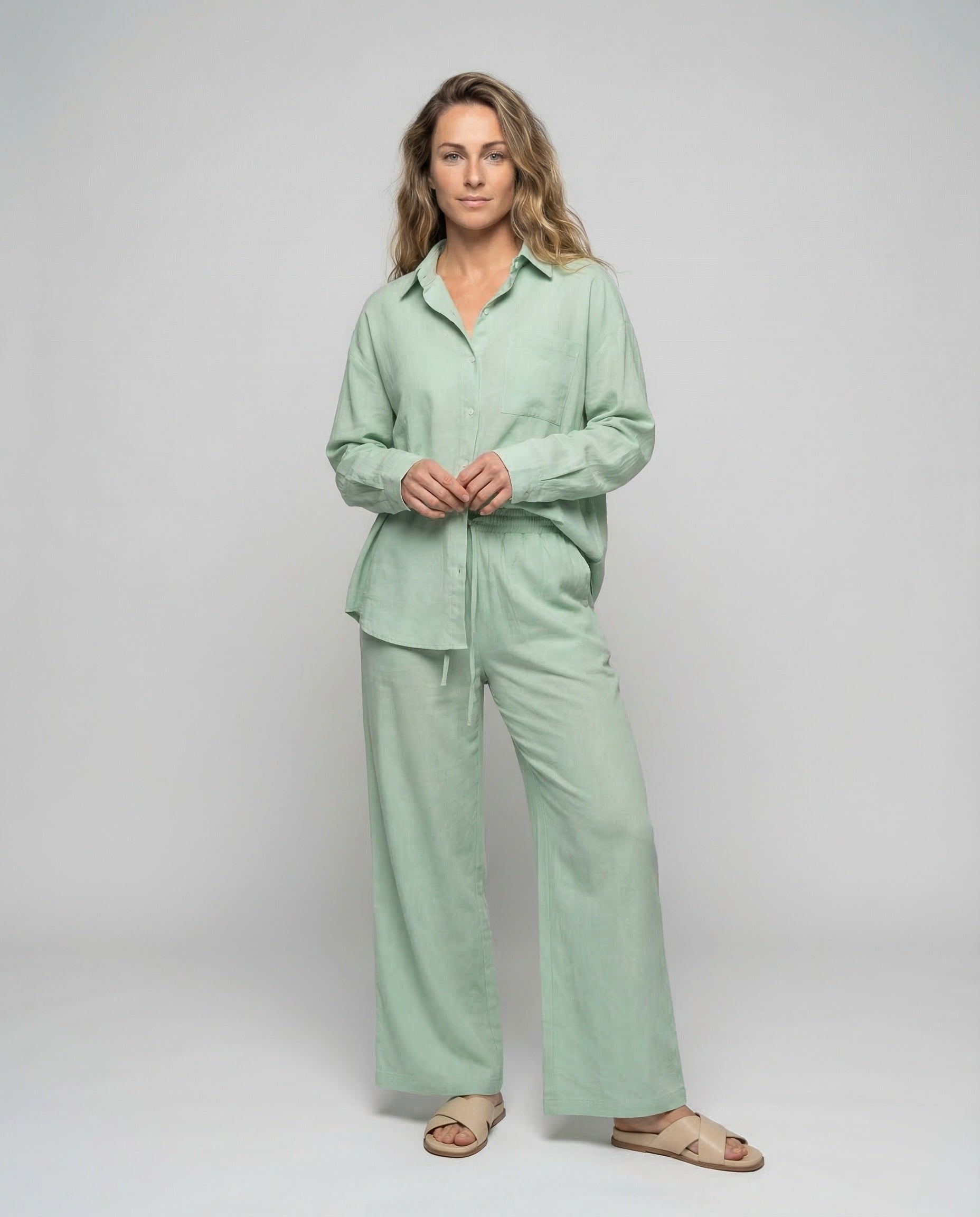 Completo Donna in Tessuto Effetto Lino Pantaloni Larghi - Brentozzi