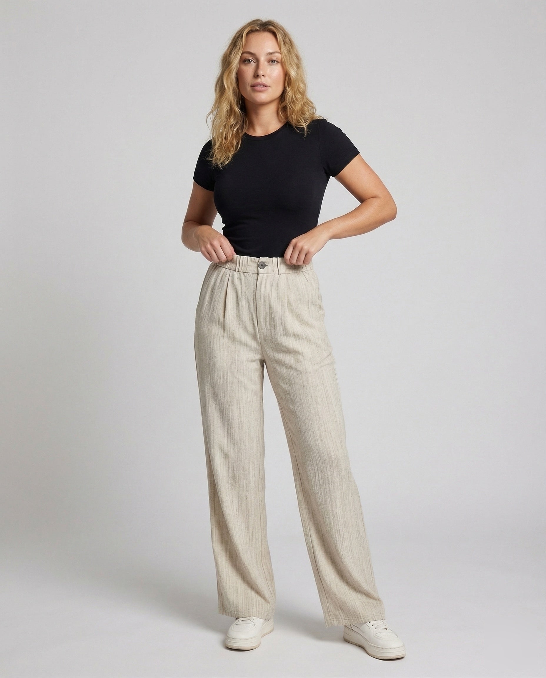 Pantaloni Donna Lino Effetto Plissé Gamba Ampia - Brentozzi