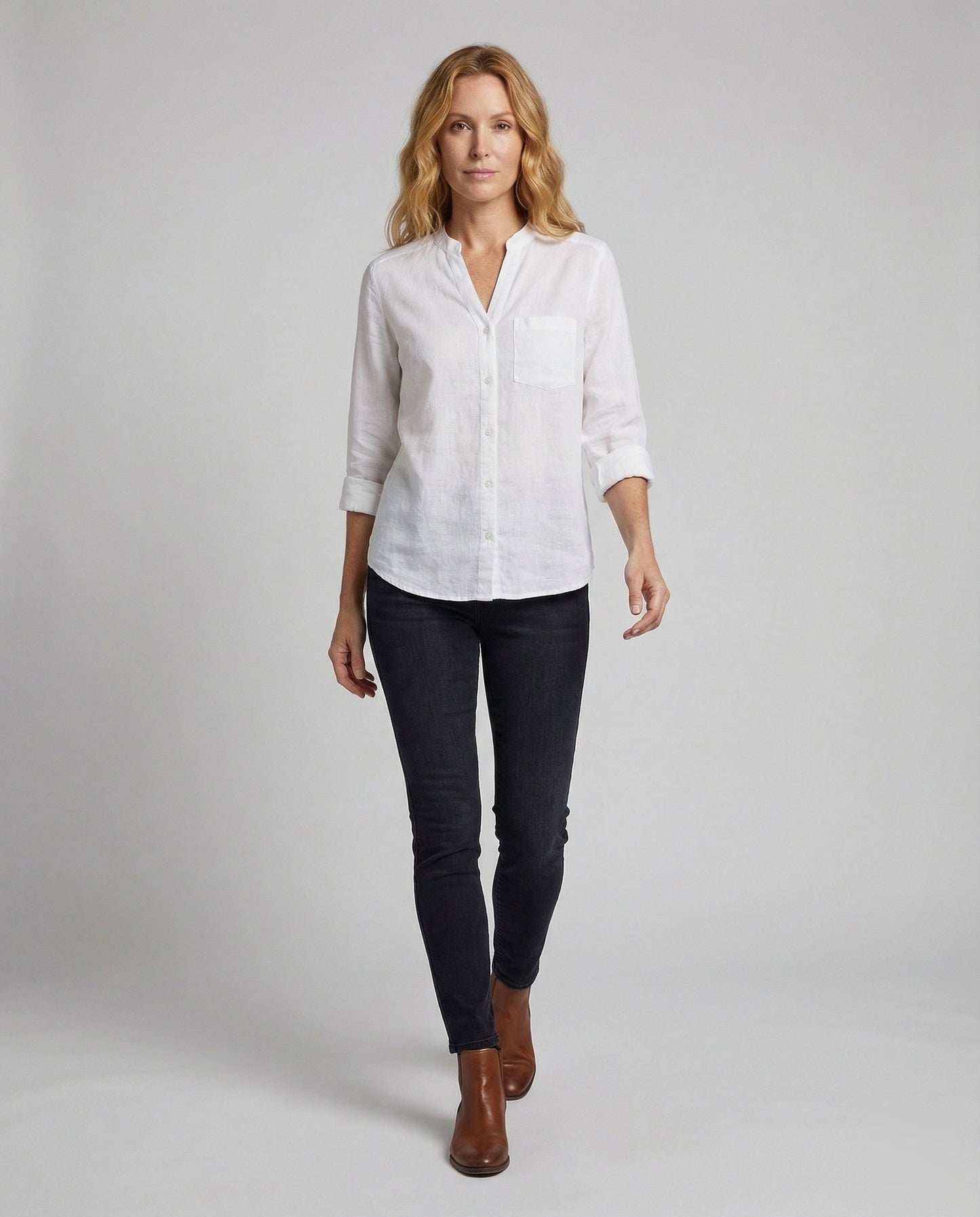 Camicia Lino Donna Collo Coreana Tasca sul Petto - Brentozzi