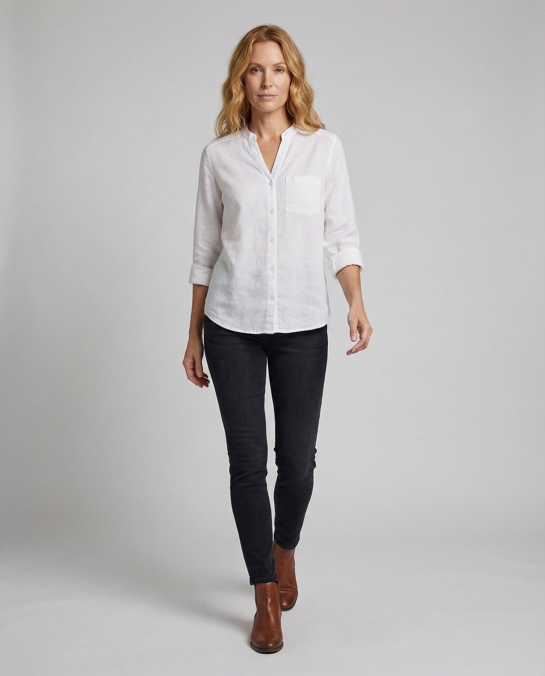 Camicia Lino Donna Collo Coreana Tasca sul Petto - Brentozzi