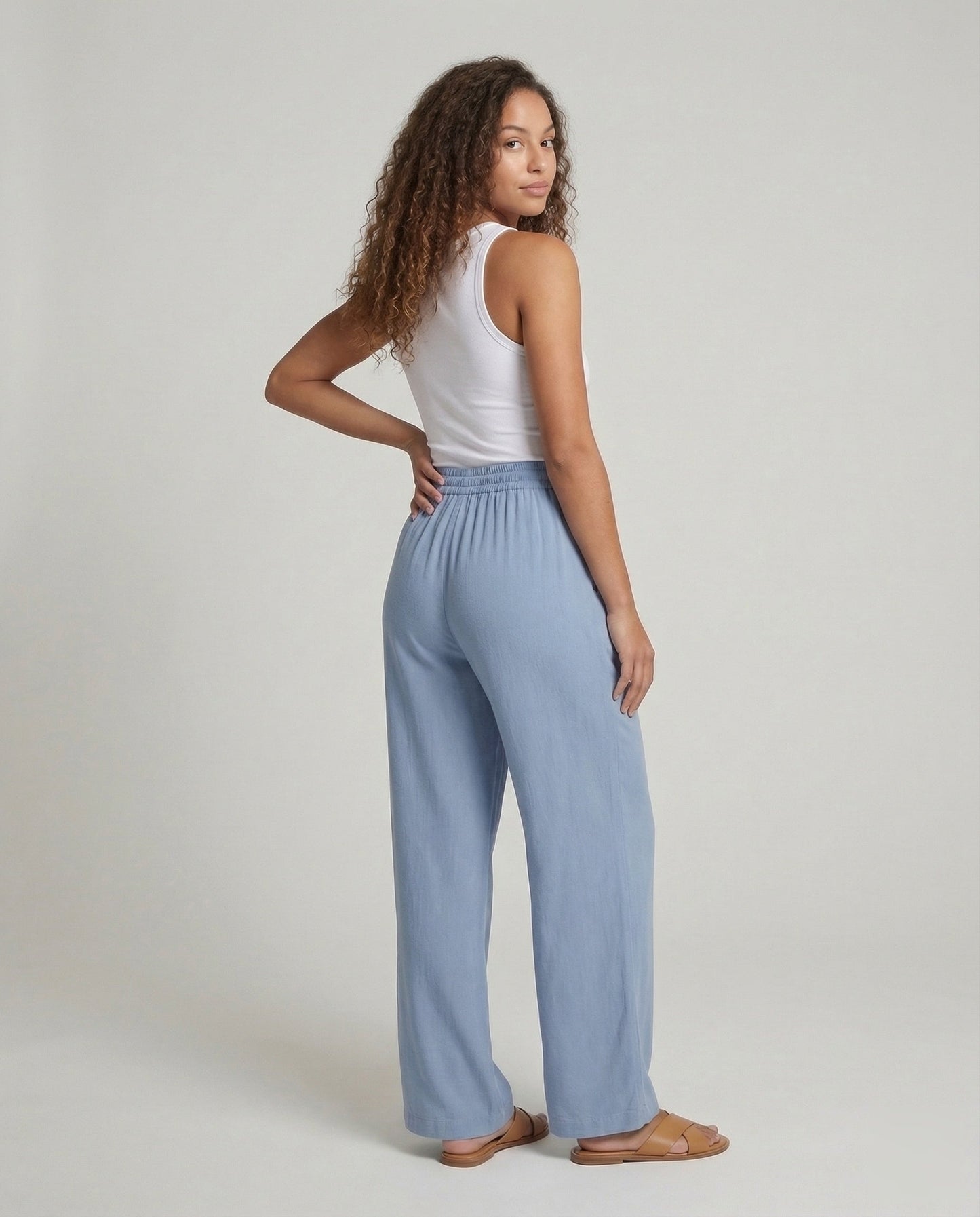 Pantaloni Palazzo Donna Effetto Lino Vita Regolabile