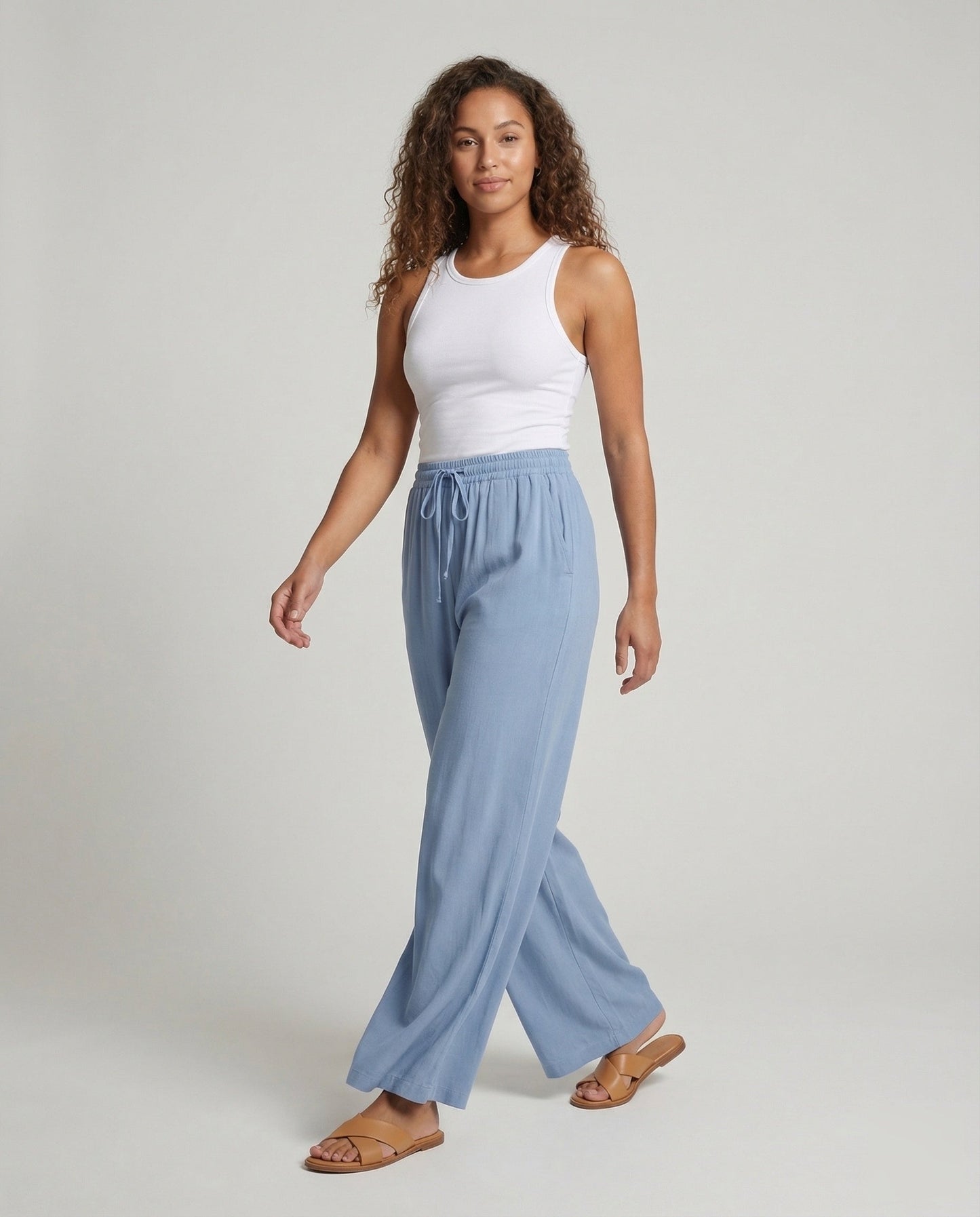 Pantaloni Palazzo Donna Effetto Lino Vita Regolabile - Brentozzi