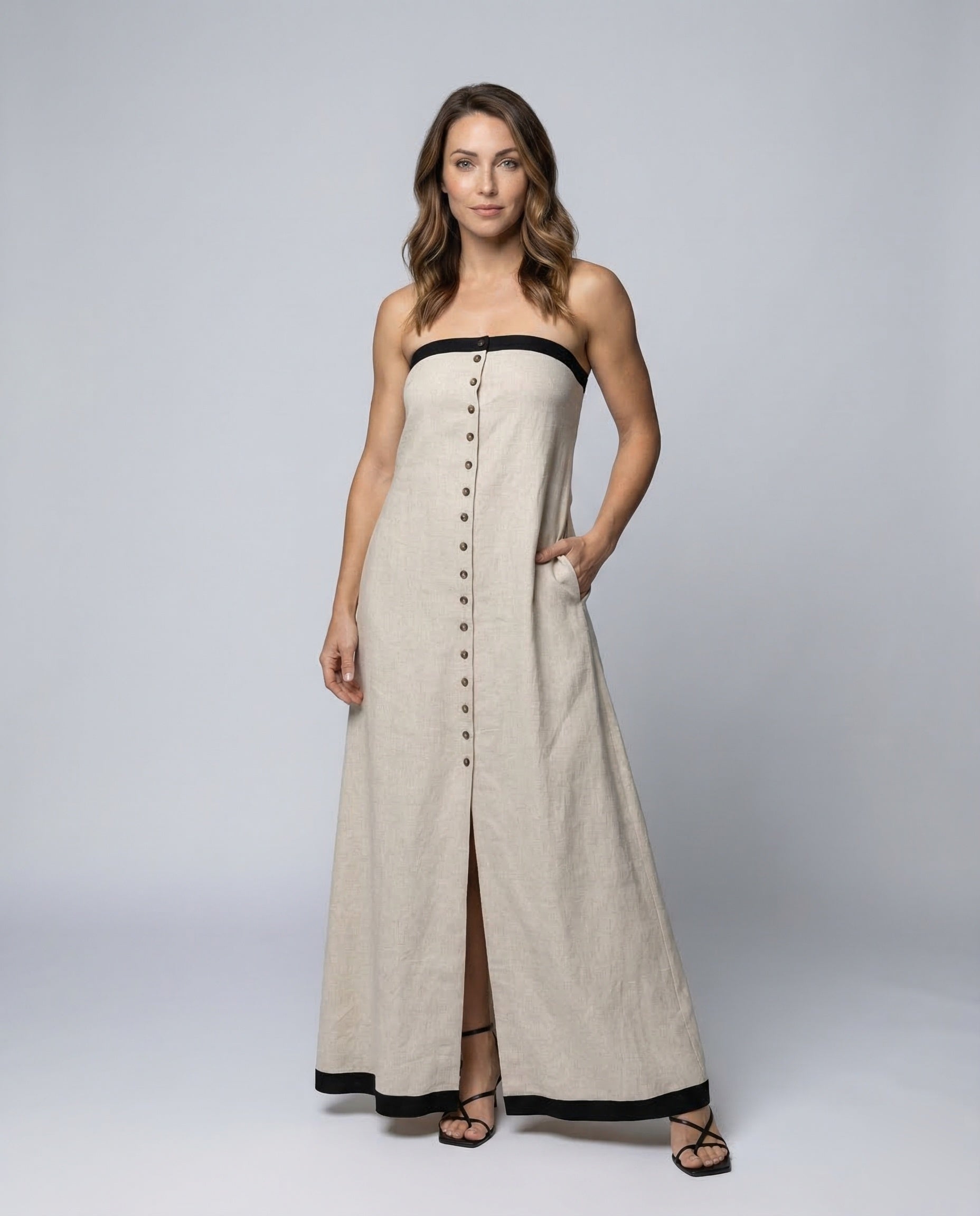 Abito Maxidress Donna Lino Bandeau Bottoni Decorativi - Brentozzi