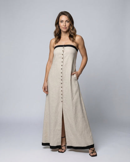 Abito Maxidress Donna Lino Bandeau Bottoni Decorativi - Brentozzi