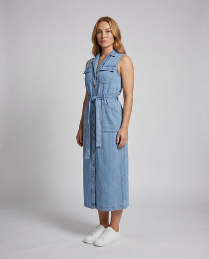 Abito Jeans Donna Maxi con Cintura e Spacco Laterale - Brentozzi