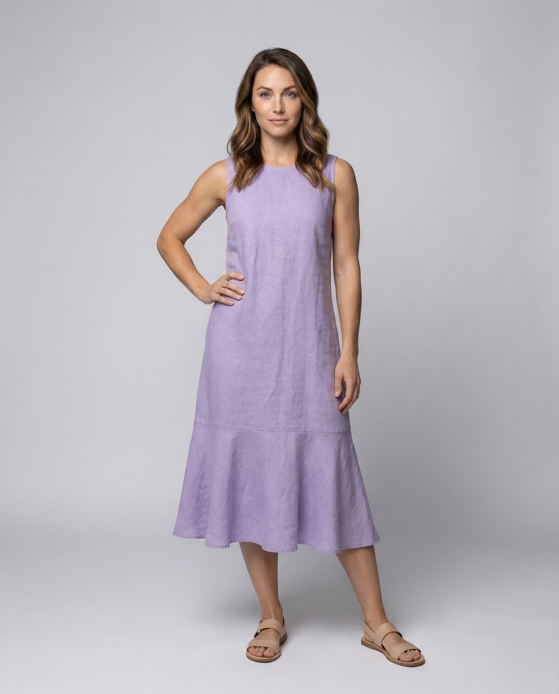 Abito Midi Donna in Misto Lino Svasato con Balze - Brentozzi