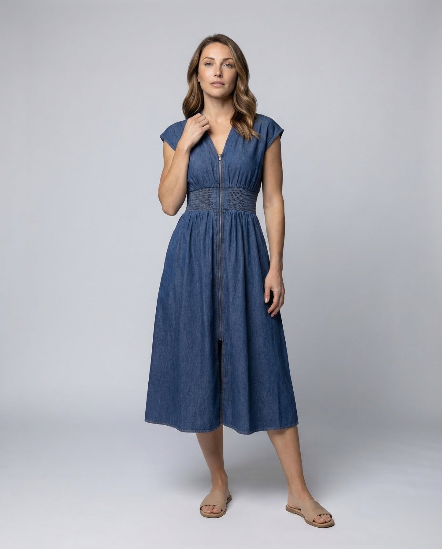 Abito Midi Donna in Chambray con Zip Frontale - Brentozzi