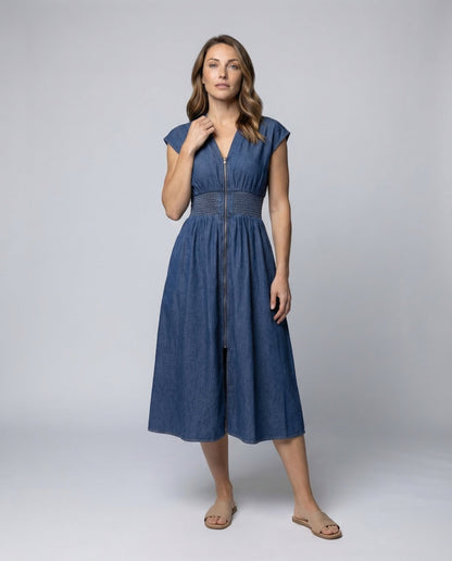 Abito Midi Donna in Chambray con Zip Frontale - Brentozzi
