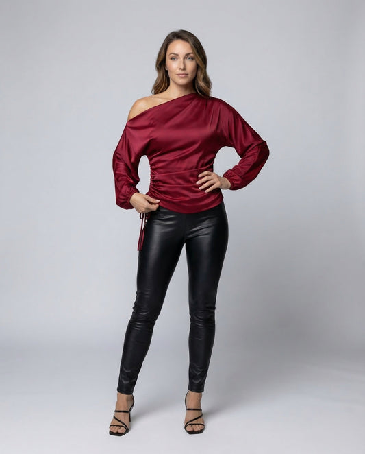 Blusa Donna Asimmetrica in Satin Manica a Palloncino - Brentozzi