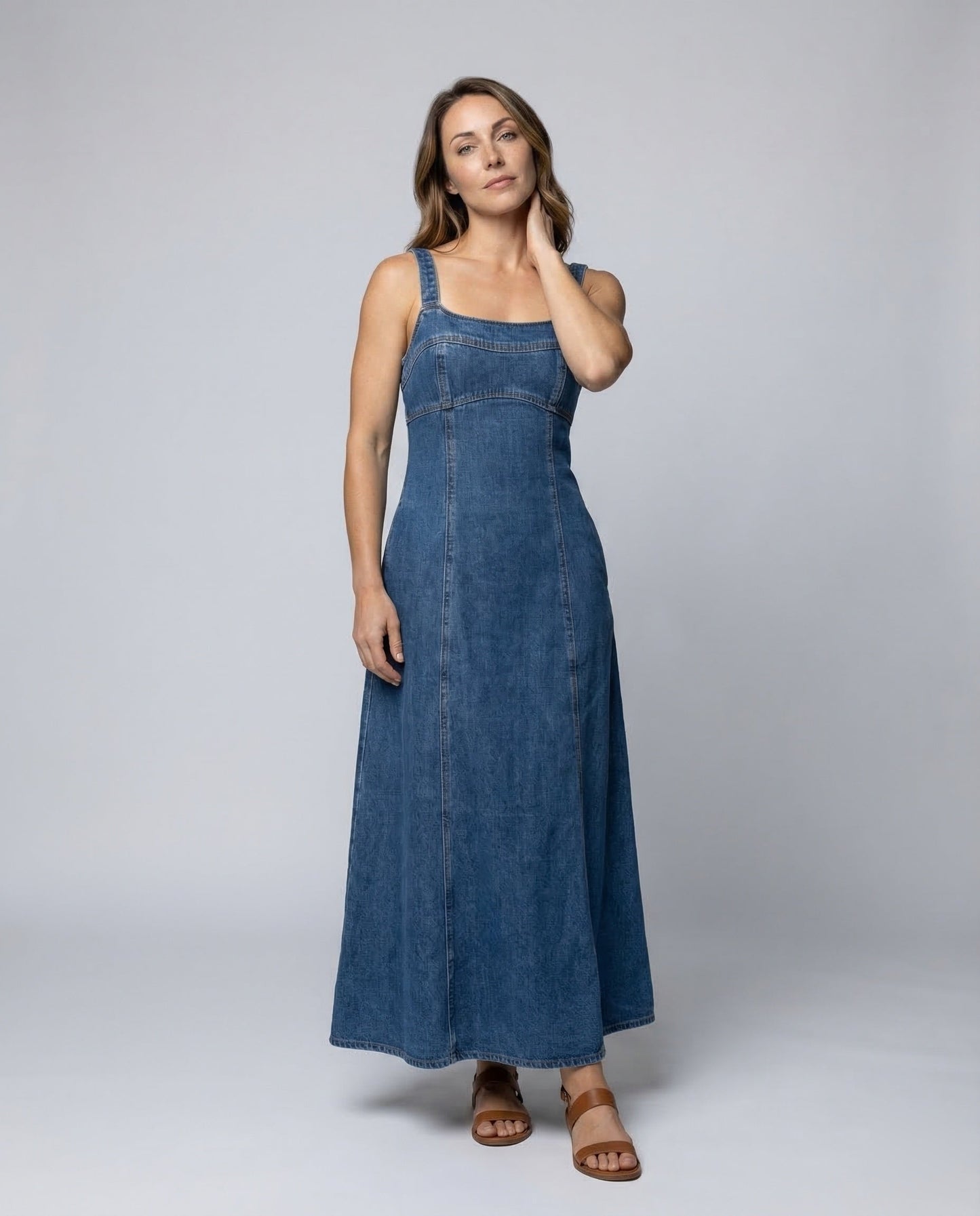 Abito Jeans Donna Scollo Quadrato Cuciture Decorative - Brentozzi