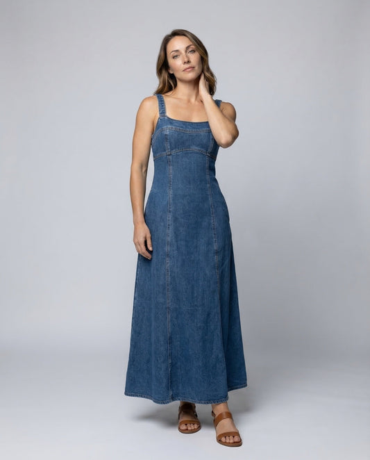 Abito Jeans Donna Scollo Quadrato Cuciture Decorative - Brentozzi