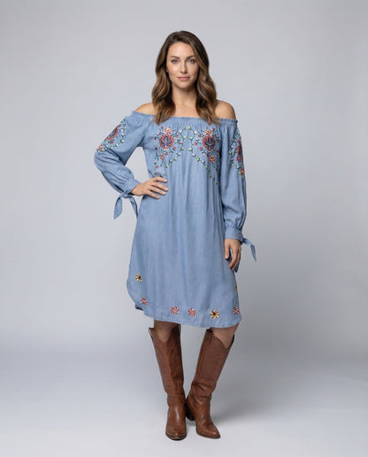 Abito Boho Donna in Chambray Scollo Carmen Elastico - Brentozzi