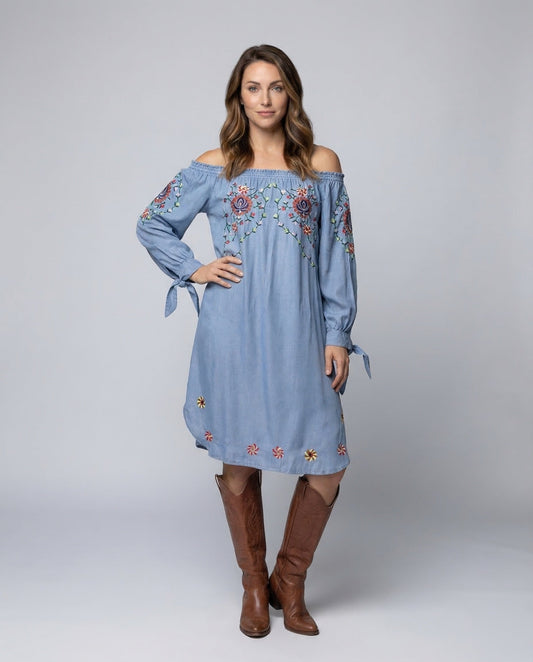 Abito Boho Donna in Chambray Scollo Carmen Elastico - Brentozzi